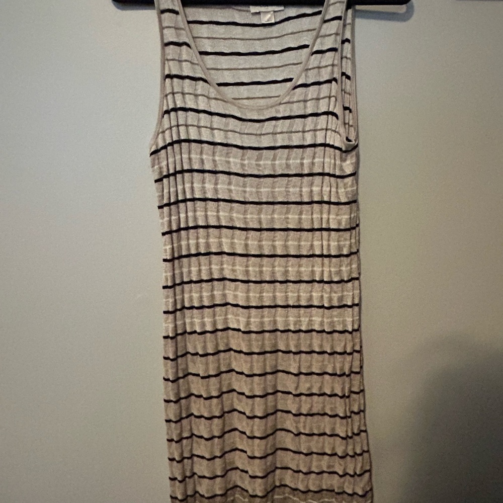 LOFT Black and Cream Striped Midi Dress